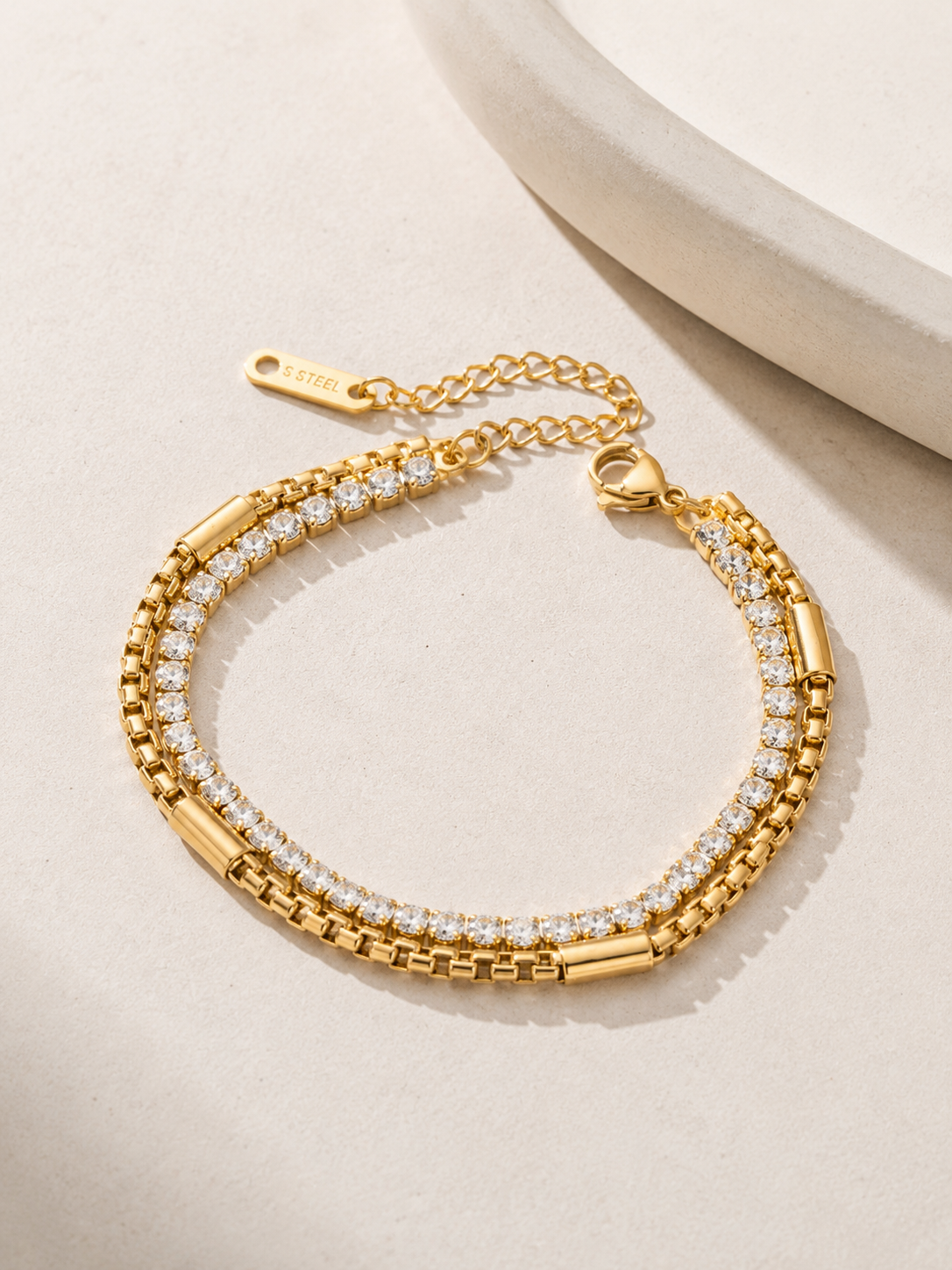 Twice As Nice Double Strand Crystal Bracelet – 18K Gold PVD Plated 304 Stainless Steel with Zircon | Waterproof