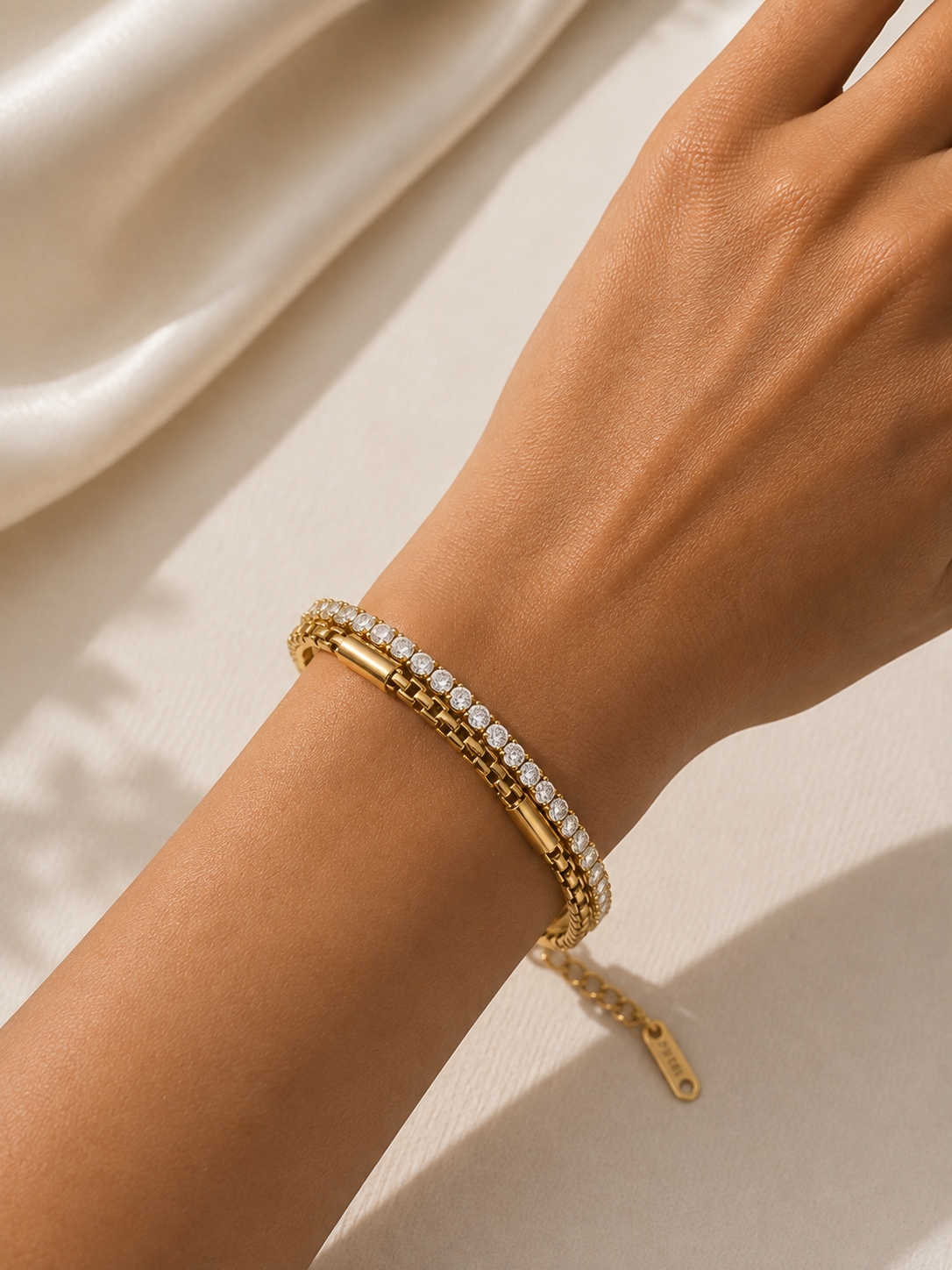 Twice As Nice Double Strand Crystal Bracelet – 18K Gold PVD Plated 304 Stainless Steel with Zircon | Waterproof