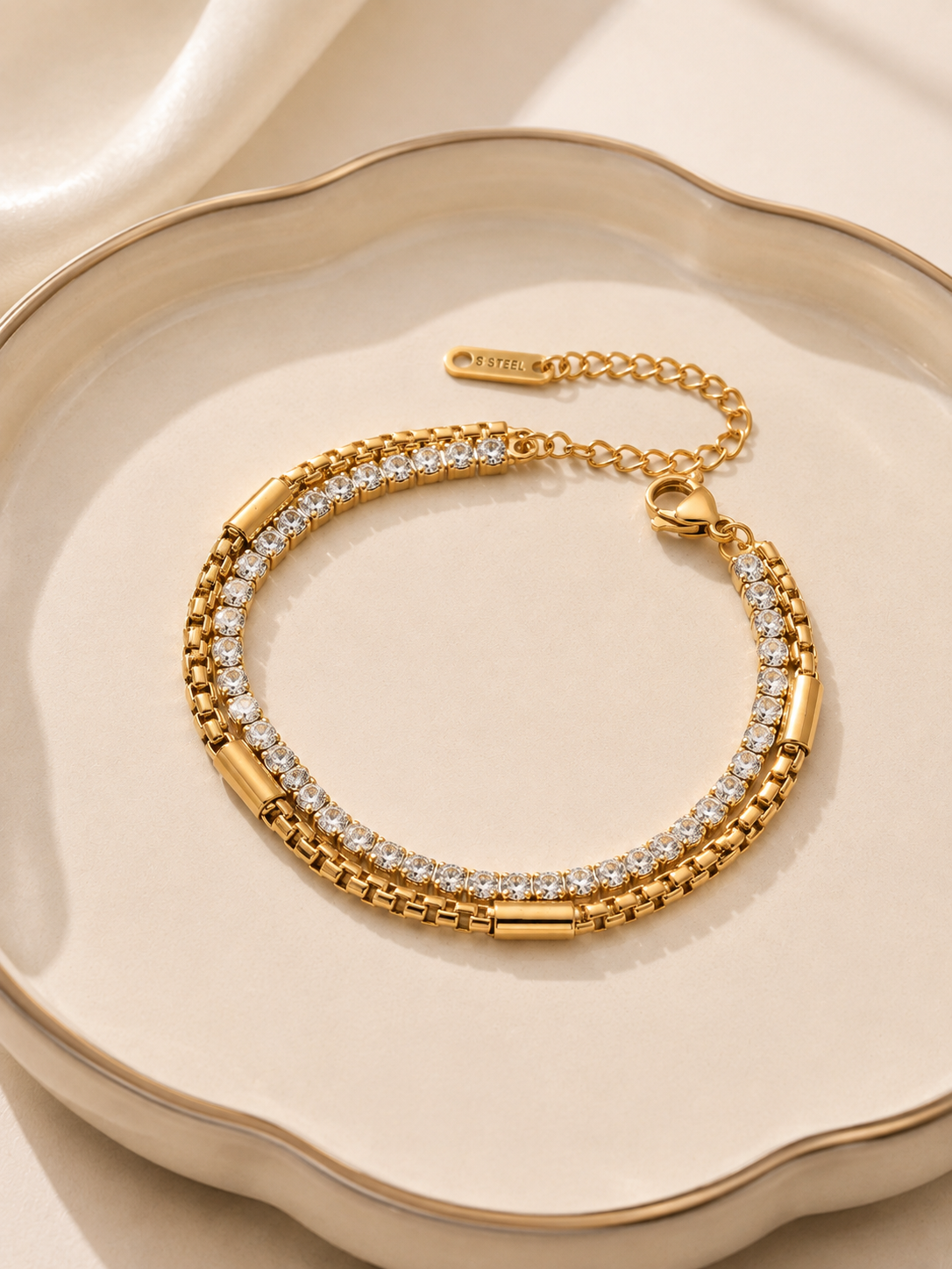 Twice As Nice Double Strand Crystal Bracelet – 18K Gold PVD Plated 304 Stainless Steel with Zircon | Waterproof