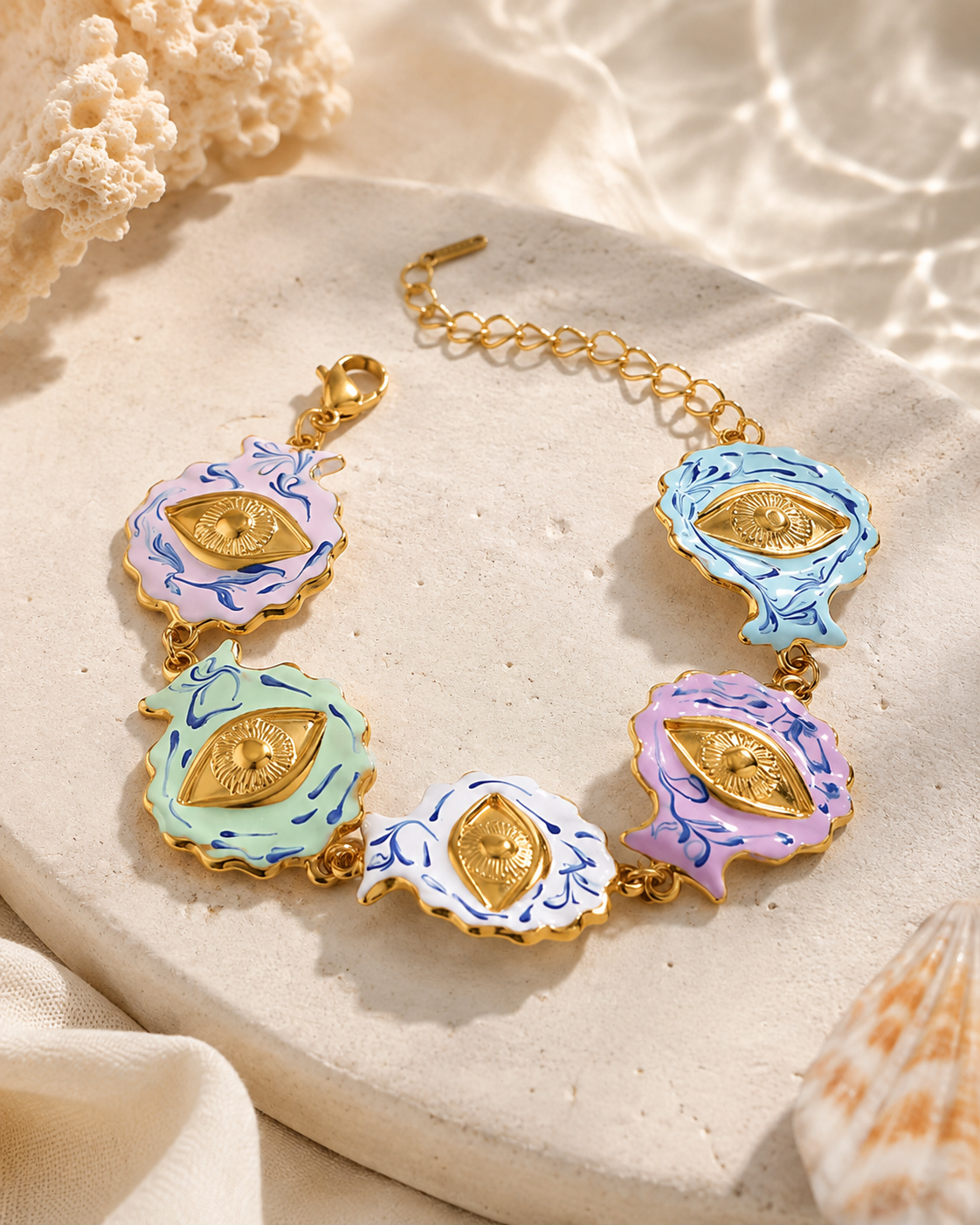 Aura Check Pastel Evil Eye Bracelet – 18K Gold PVD Plated 304 Stainless Steel with Enamel