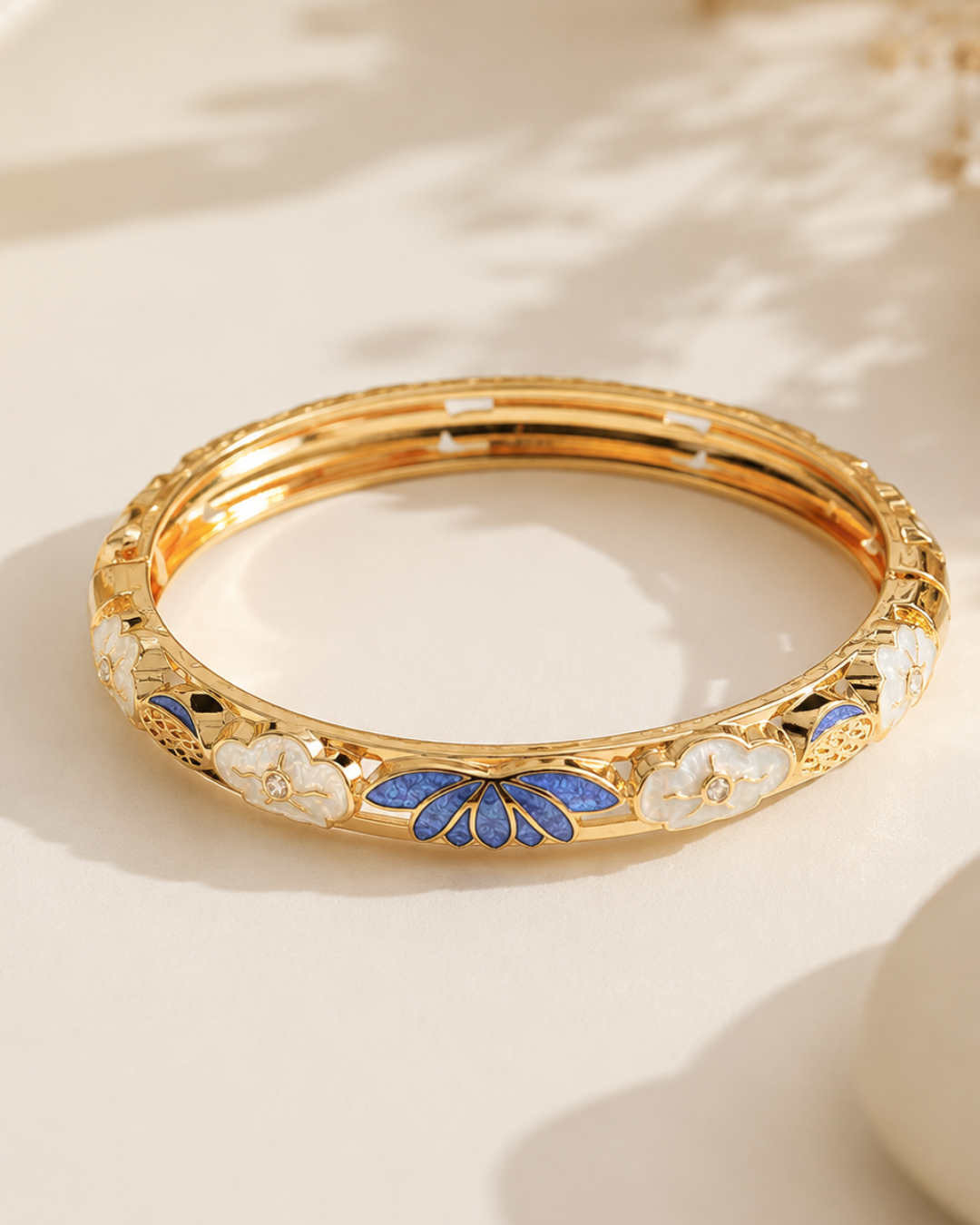 Monsoon Bloom Blue Lotus Enamel Bangle – Gold-Tone Alloy with Zircon Inlay