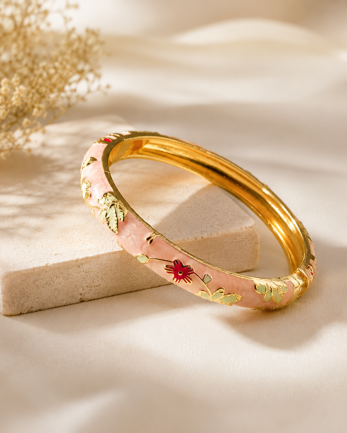 Peony Season Pastel Floral Enamel Bangle – Gold-Plated Alloy