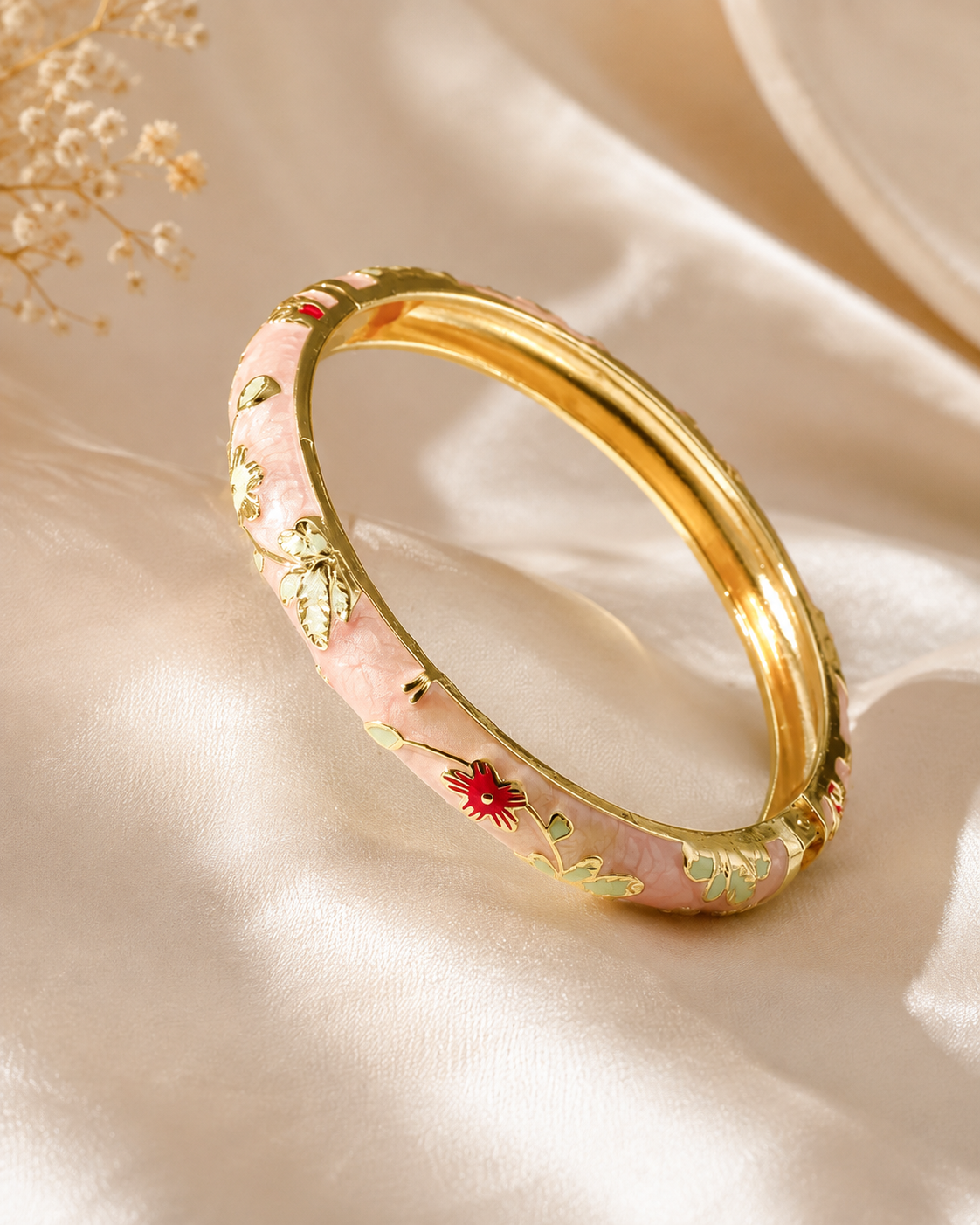 Peony Season Pastel Floral Enamel Bangle – Gold-Plated Alloy