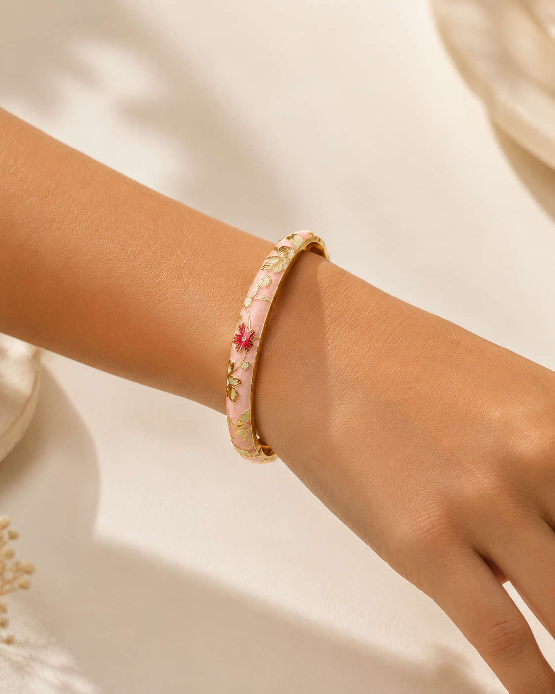 Peony Season Pastel Floral Enamel Bangle – Gold-Plated Alloy