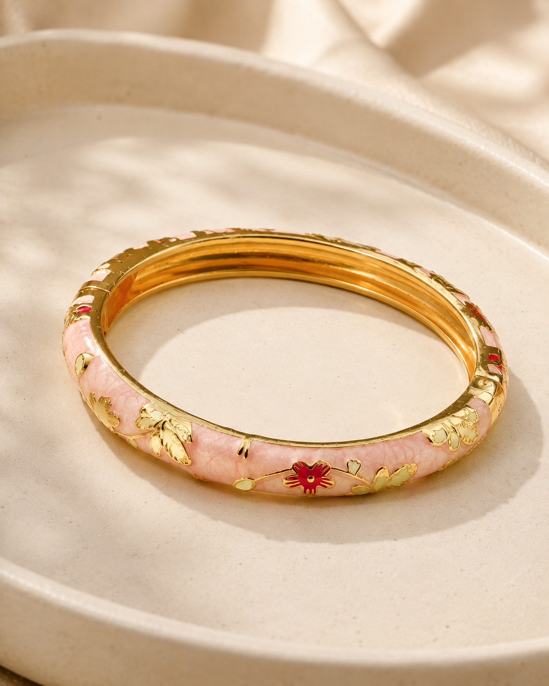 Peony Season Pastel Floral Enamel Bangle – Gold-Plated Alloy