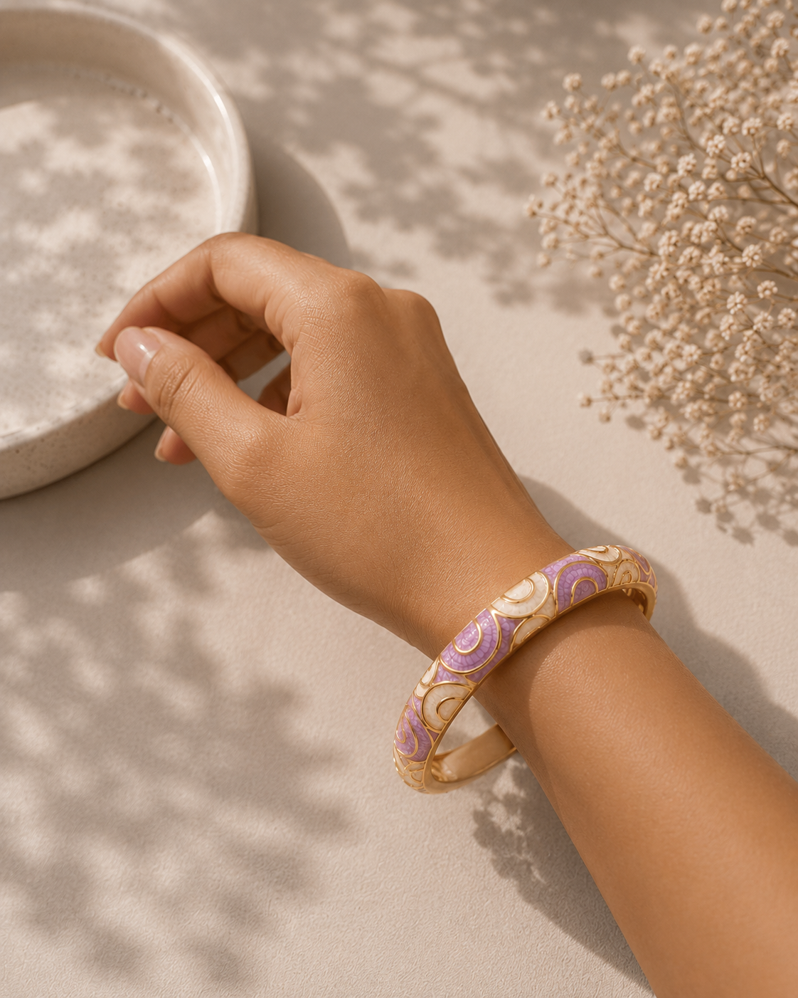 Blackberry Cream Circle Enamel Bangle – Gold-Plated Alloy