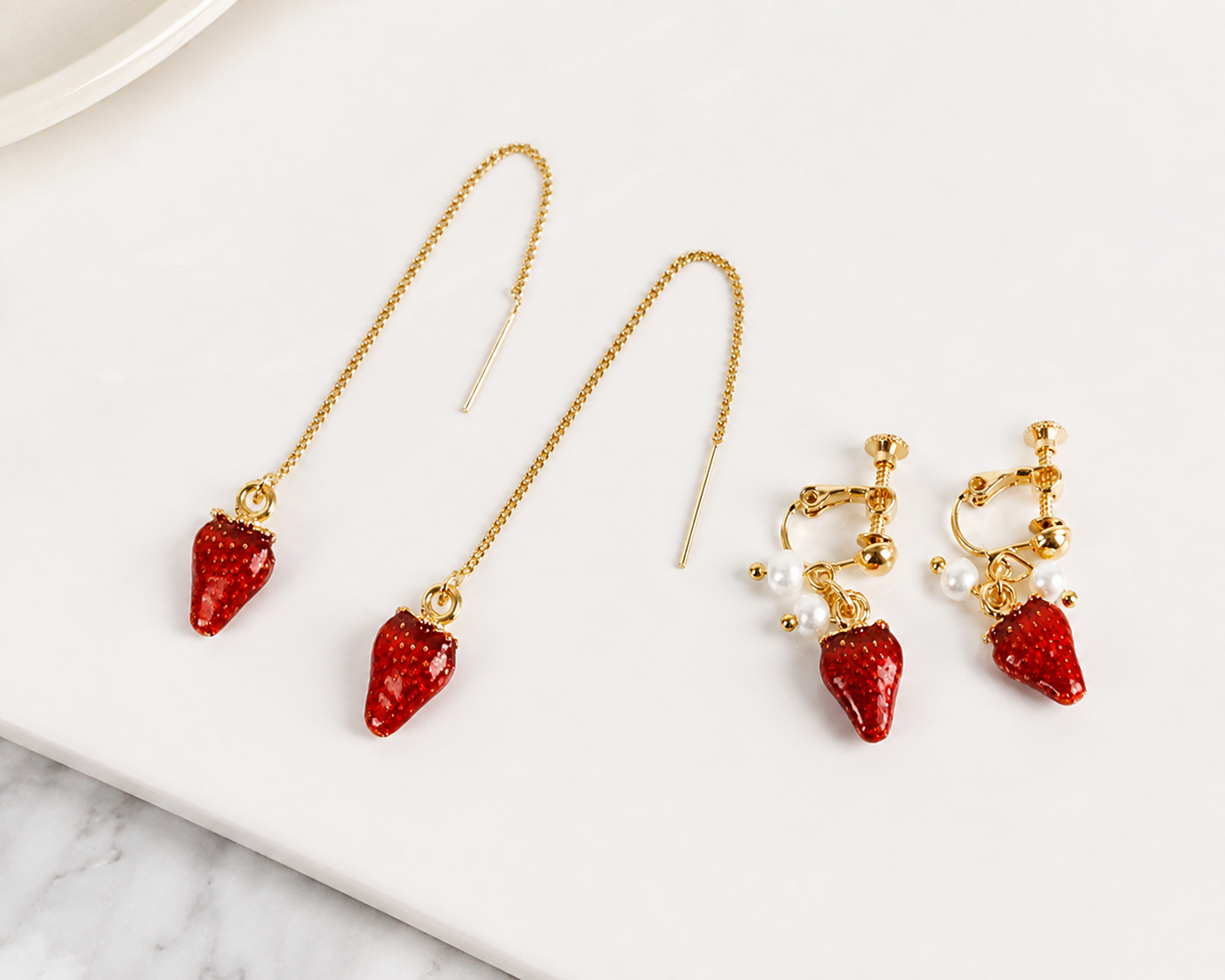 Picnic Date Strawberry Stud & Threader Duo – Gold-Plated  Alloy | 2 Pairs