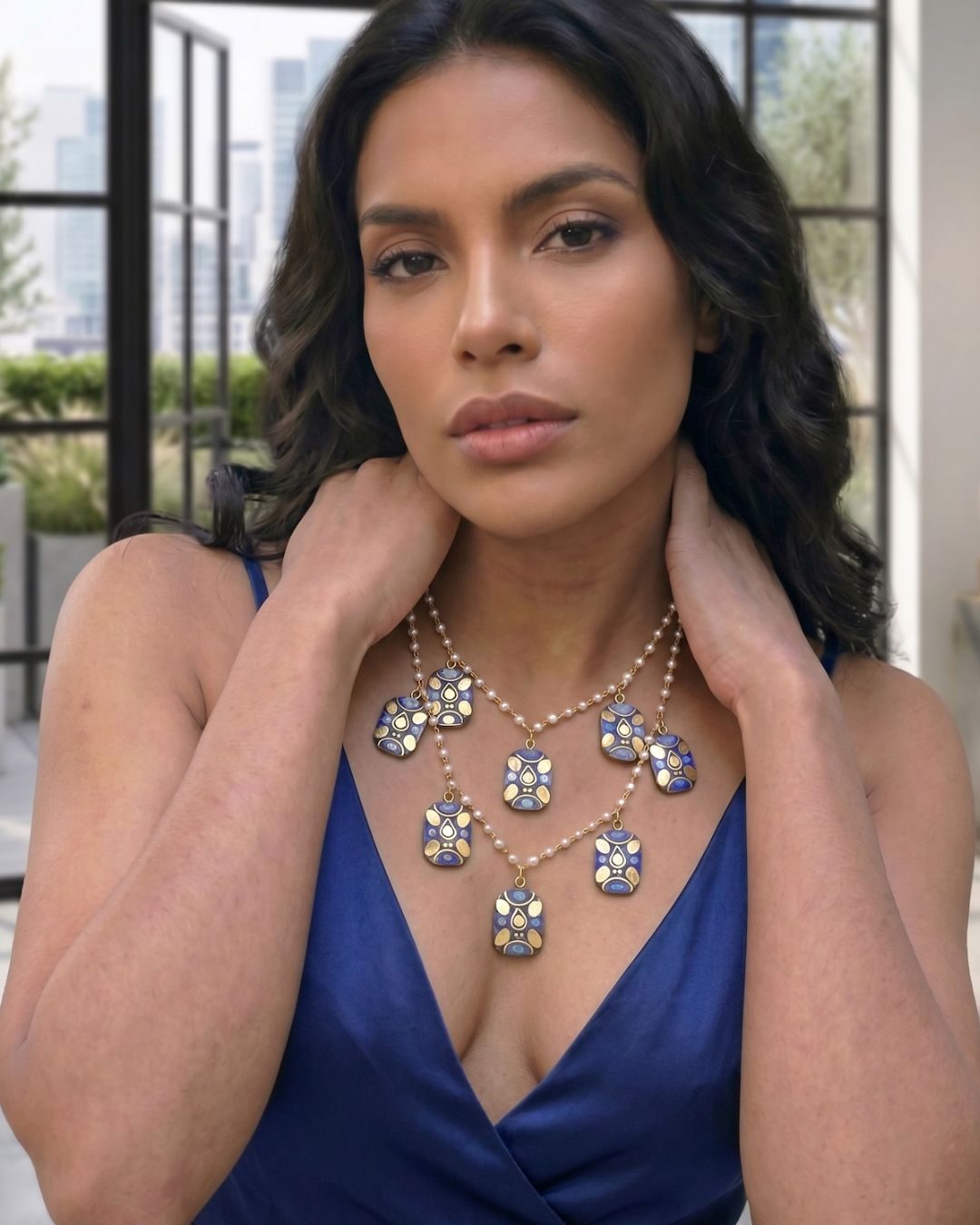 Artisan Cobalt Blue Mosaic Geometric Tiered Necklace – Gold-Tone Double Layered Pearl Chain