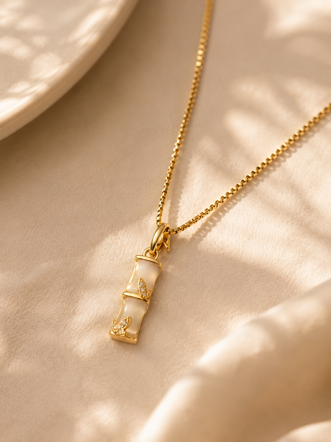 Bali Bound Bamboo Charm Necklace – 304 Stainless Steel Box Chain with Opal-Inlay Pendant