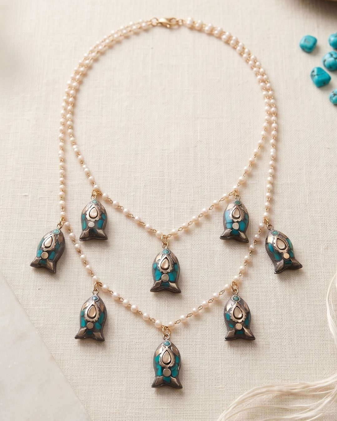 Bohemian Turquoise & Pearl Tiered Multilayer Pearl and Turquoise Boho Pendant Necklace Set