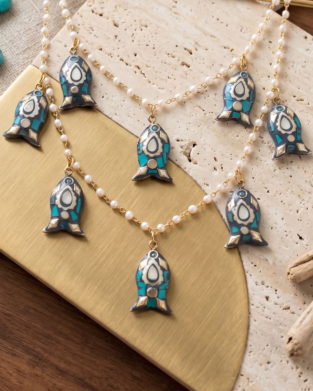 Bohemian Turquoise & Pearl Tiered Multilayer Pearl and Turquoise Boho Pendant Necklace Set