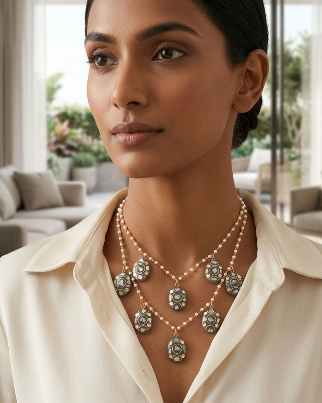 Handcrafted Boho Double-Layered Pearl Chain Necklace with Inlay Mosaic Charms
