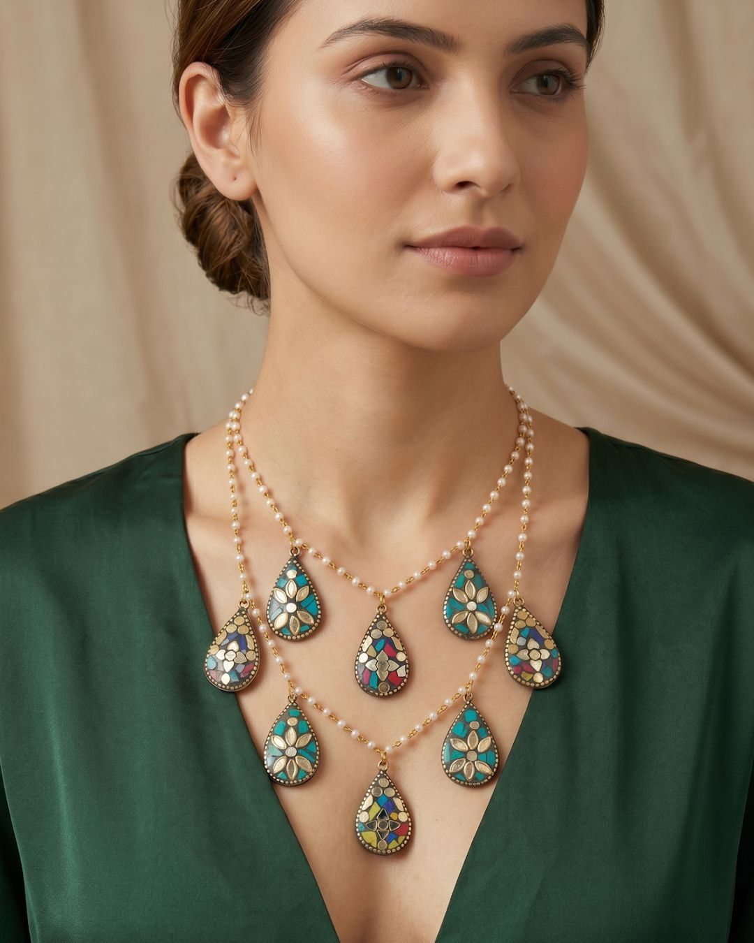 Bohemian Mosaic Teardrop Double-Layered Necklace – Gold-Tone with Faux Pearl Accents for Women and Girls