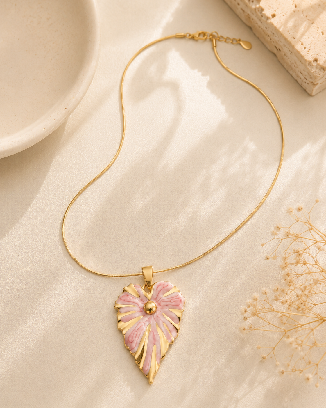 Strawberry Milk Blush Leaf Snake Chain Necklace – 18K Gold Plated 304 Stainless Steel with Enamel