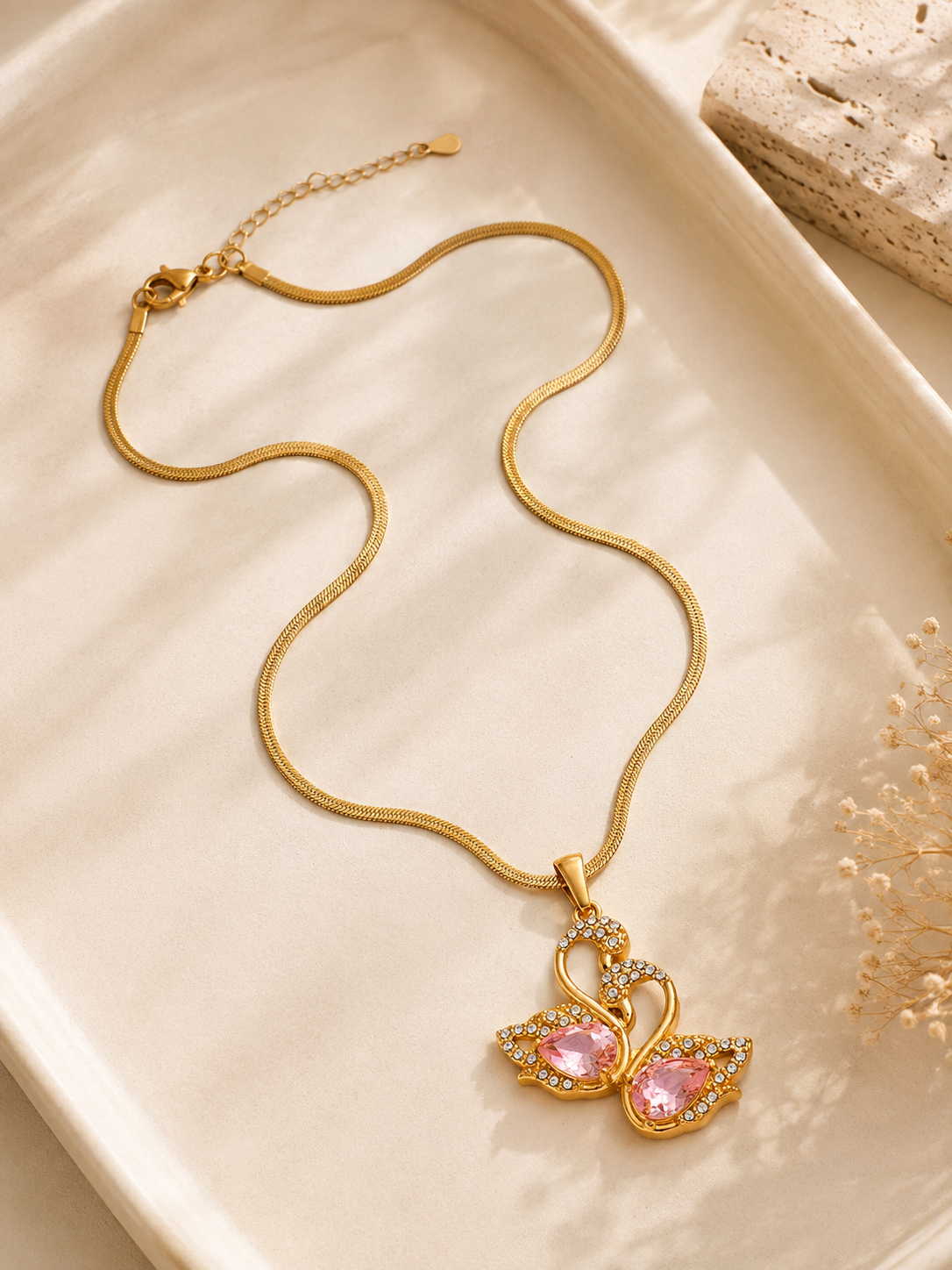 Balletcore Blush Crystal Swan Herringbone Chain Necklace – 304 Stainless Steel with Pink Zircon | Waterproof & Anti-Tarnish