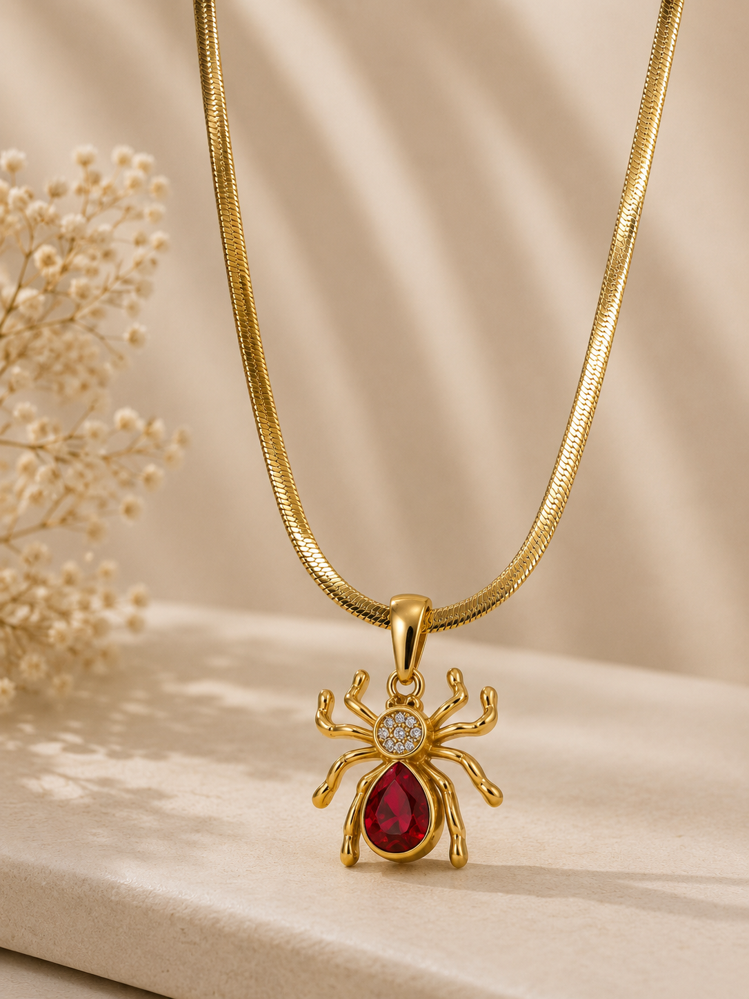 Femme Fatale Ruby Spider Herringbone Chain Necklace – 18K Gold PVD Plated 304 Stainless Steel with Red Zircon