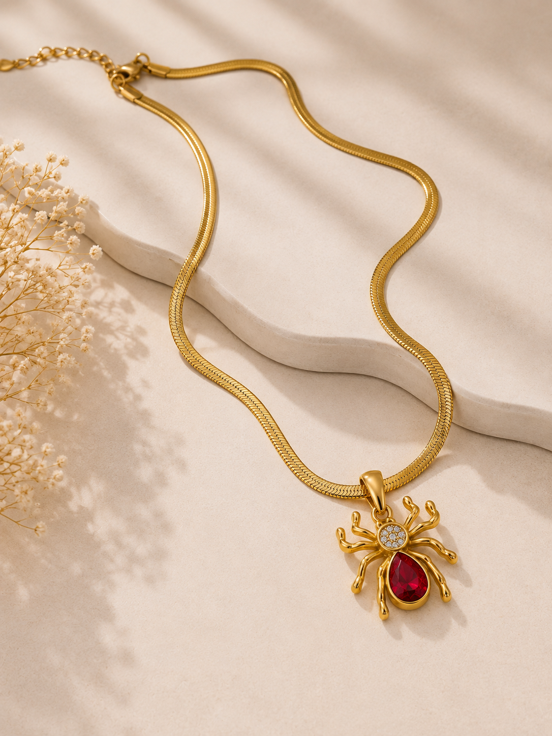 Femme Fatale Ruby Spider Herringbone Chain Necklace – 18K Gold PVD Plated 304 Stainless Steel with Red Zircon
