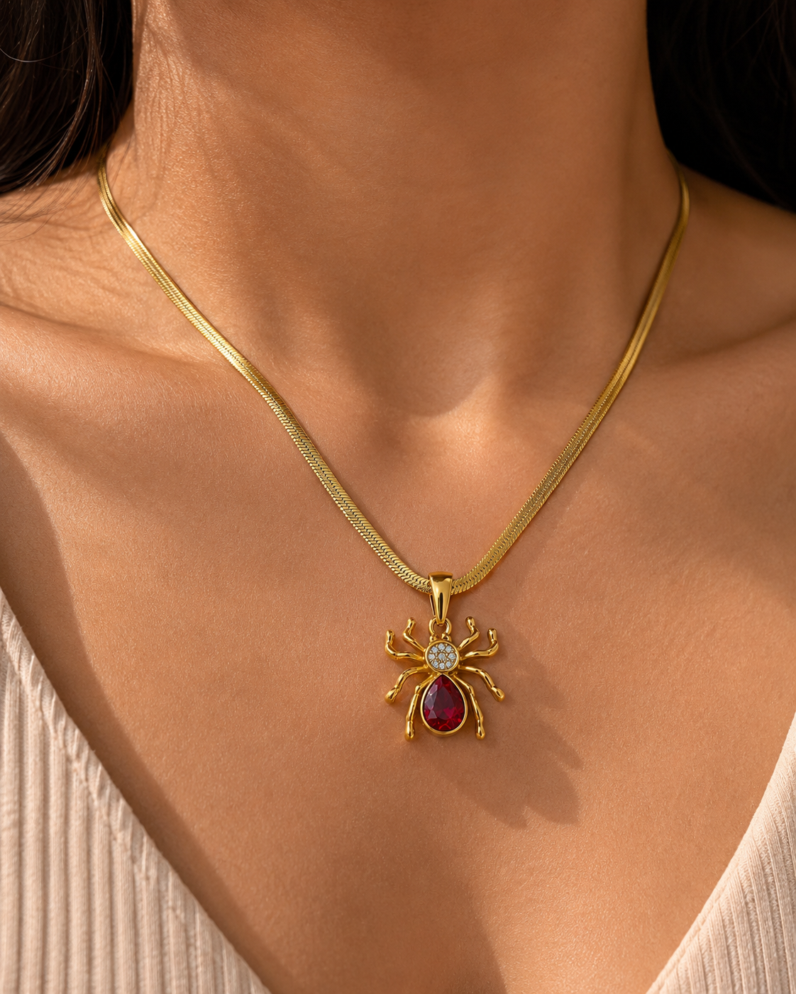 Femme Fatale Ruby Spider Herringbone Chain Necklace – 18K Gold PVD Plated 304 Stainless Steel with Red Zircon