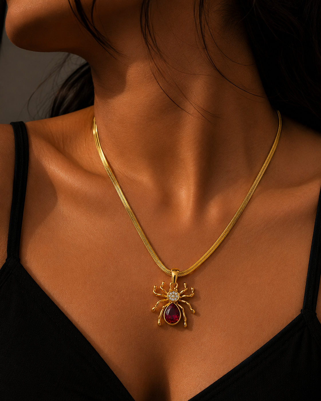 Femme Fatale Ruby Spider Herringbone Chain Necklace – 18K Gold PVD Plated 304 Stainless Steel with Red Zircon