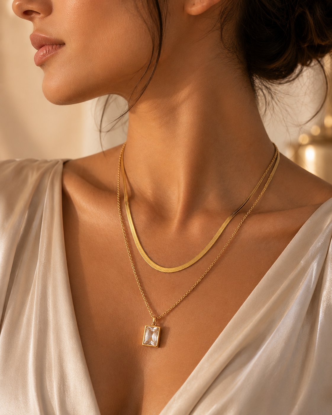 Double Tap Layered Crystal Drop Necklace