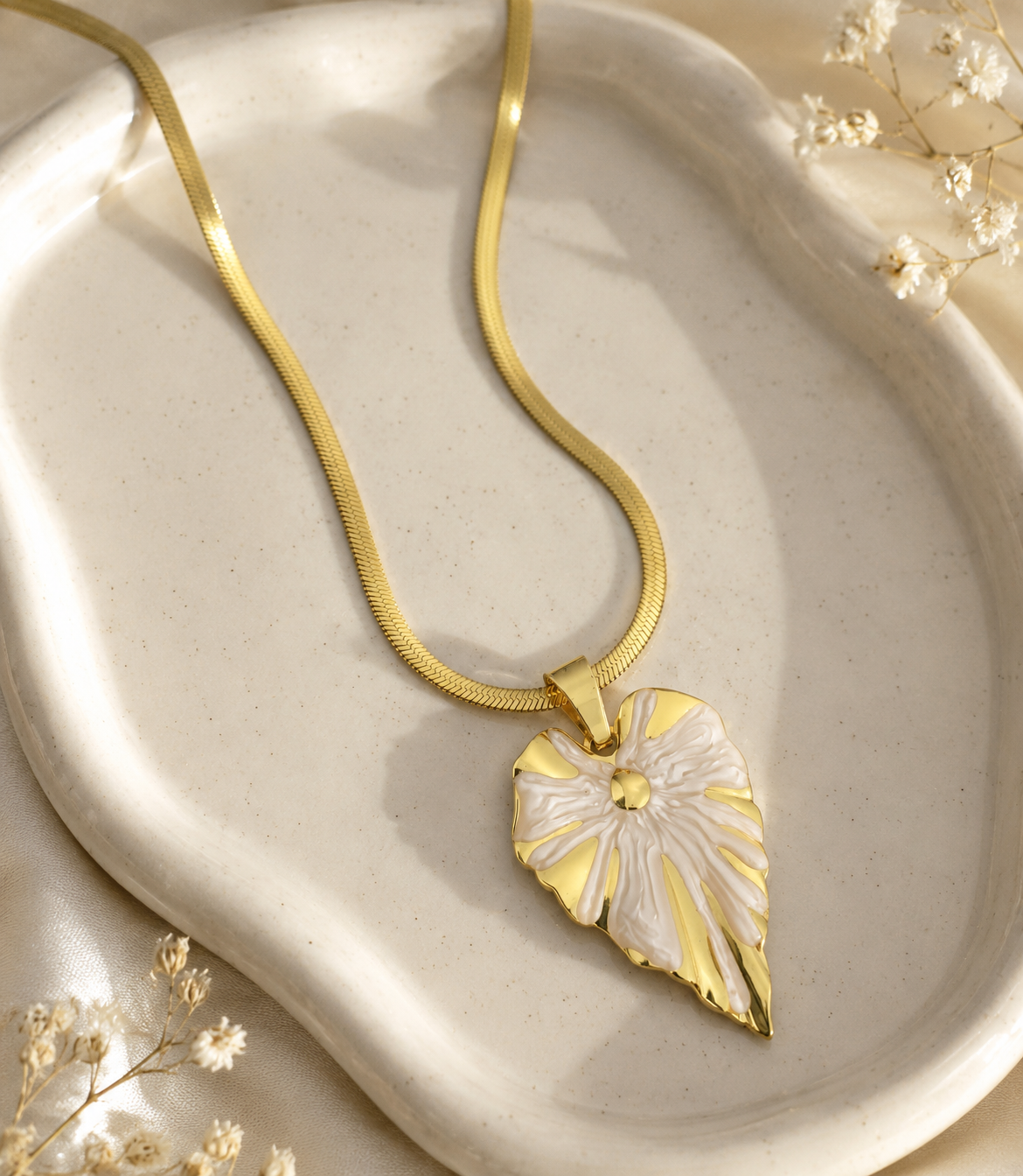 Vanilla Girl Gilded Leaf Herringbone Chain Necklace – 18K Gold Plated 304 Stainless Steel with Enamel