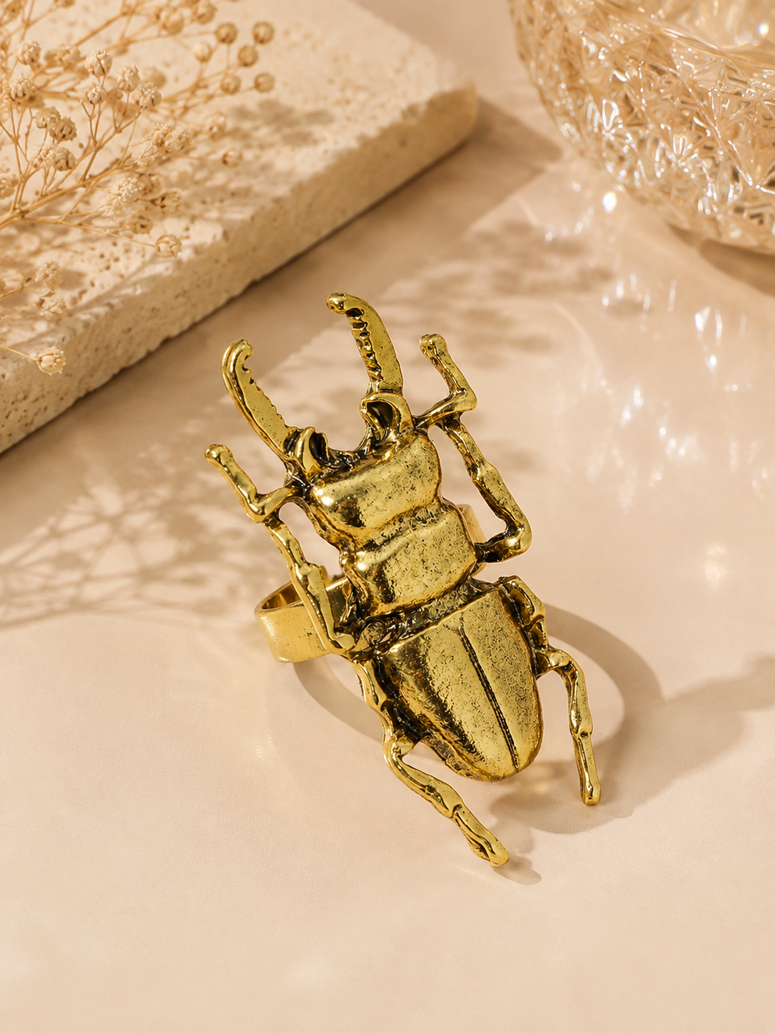 Villain Era Statement Beetle Ring – Antique Gold-Plated Alloy
