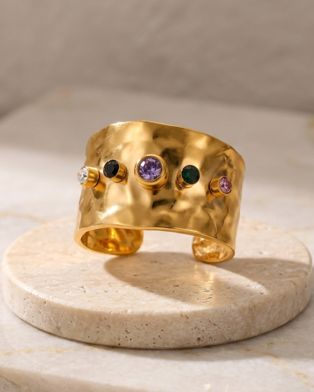 Rich Girl Energy Hammered Zircon Cuff Ring – 18K Gold PVD Plated 304 Stainless Steel