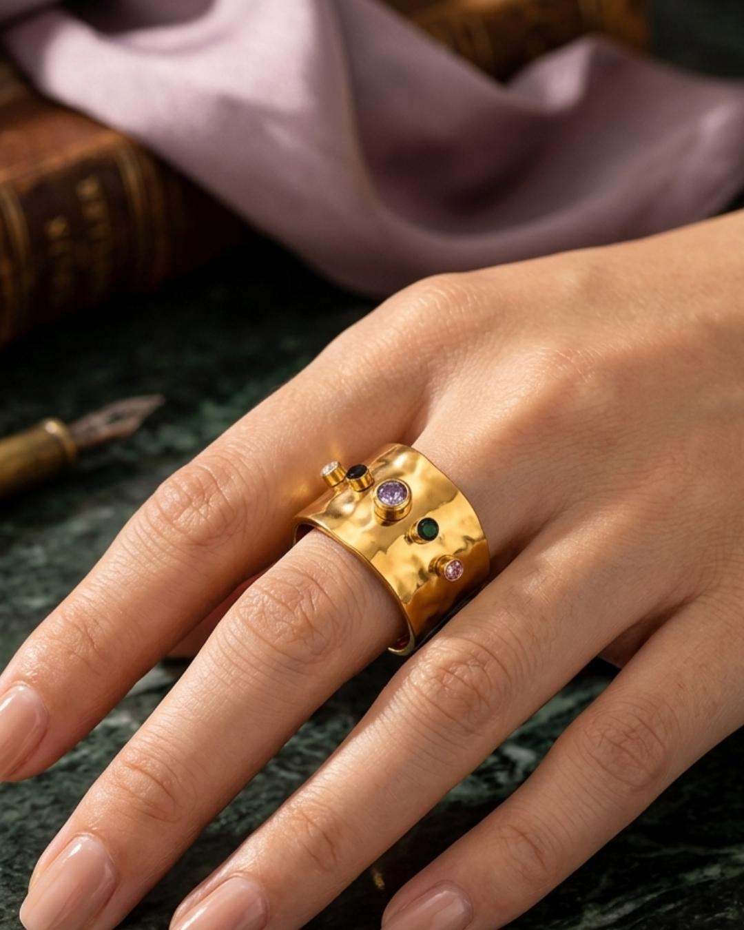 Rich Girl Energy Hammered Zircon Cuff Ring – 18K Gold PVD Plated 304 Stainless Steel