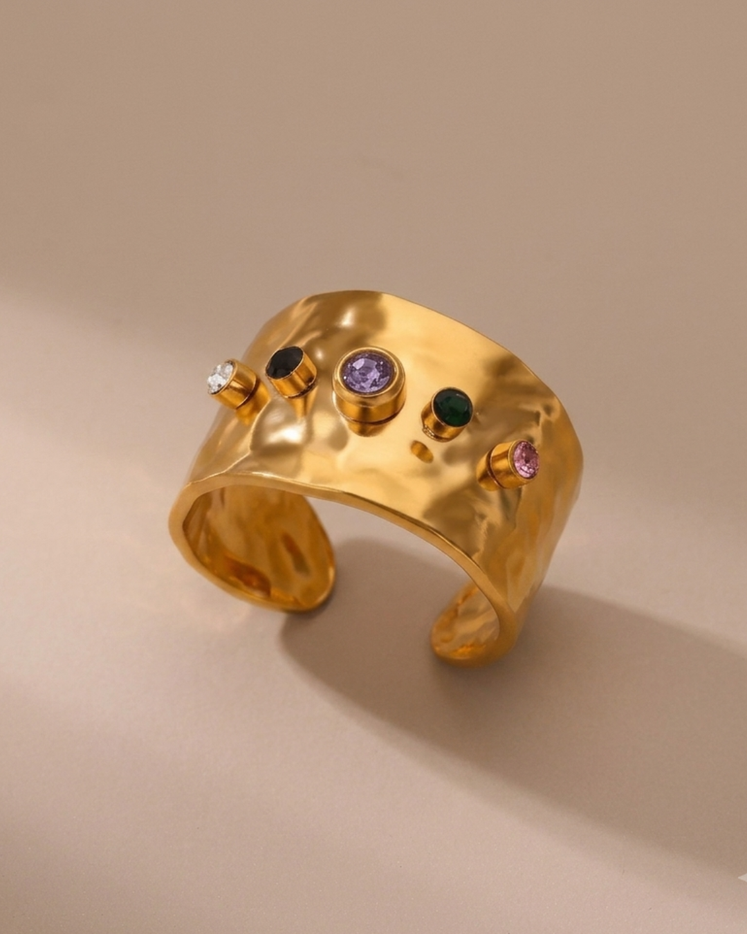 Rich Girl Energy Hammered Zircon Cuff Ring – 18K Gold PVD Plated 304 Stainless Steel