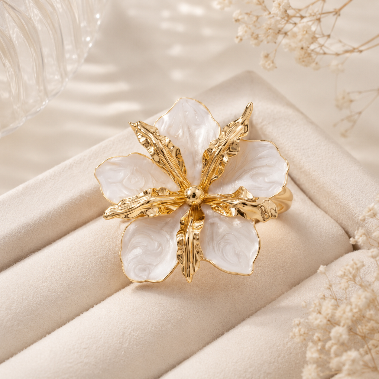 Garden Party Ivory Bloom Statement Ring – Enamel Petals on Gold-Tone Metal