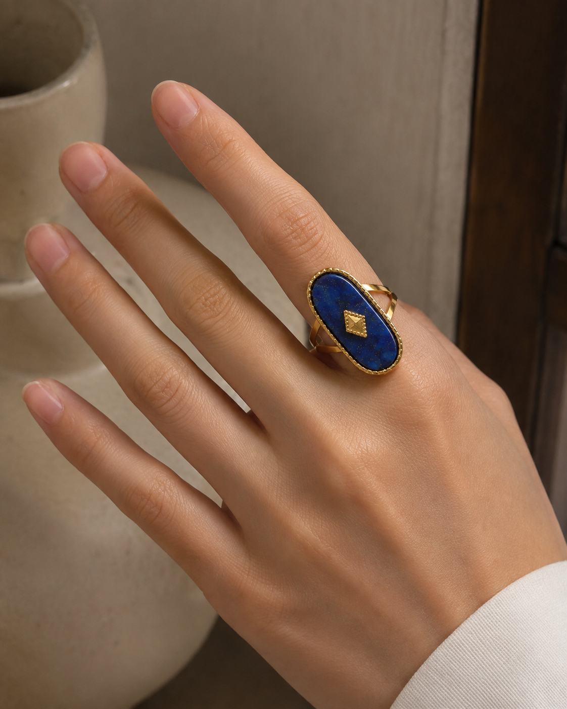 Blue Blood Lapis Oval Statement Ring – PVD Gold Plated 304 Stainless Steel with Natural Stone