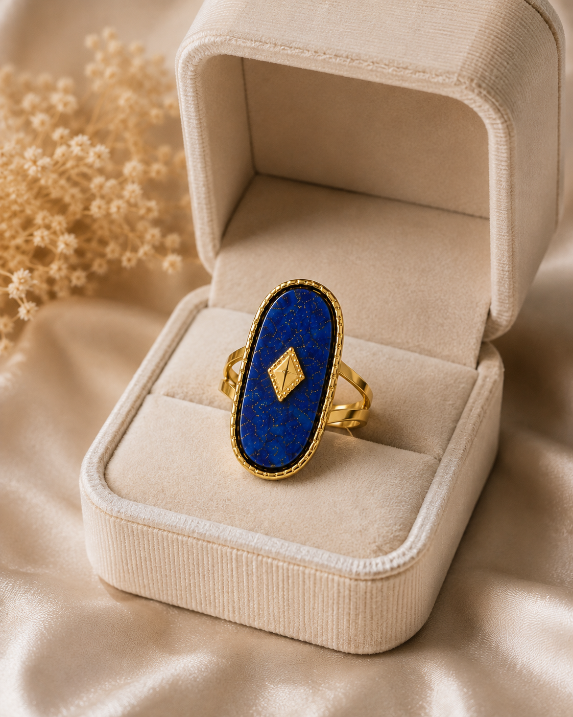 Blue Blood Lapis Oval Statement Ring – PVD Gold Plated 304 Stainless Steel with Natural Stone